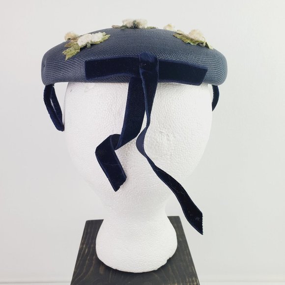 Vtg Original Touster Teentype Women's 3D Floral Blue Wicker Calot Hat Velvet Bow - Picture 3 of 12